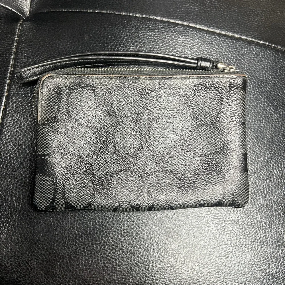 Coach Black Signature Monogram Leather Trim Wristlet Pouch Wallet